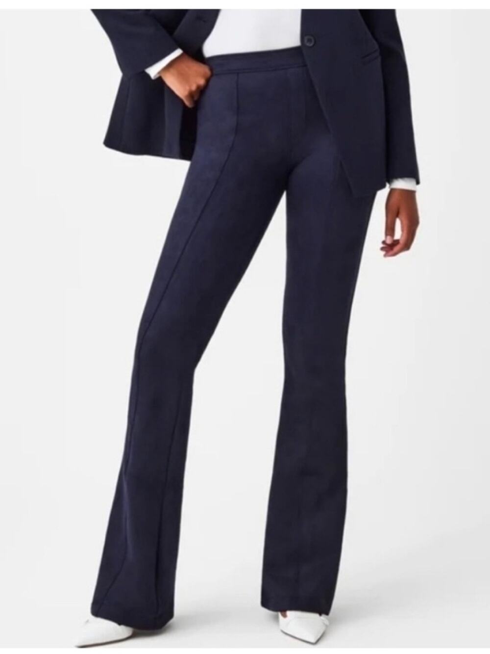 Spanx faux suede navy flare pants sz L